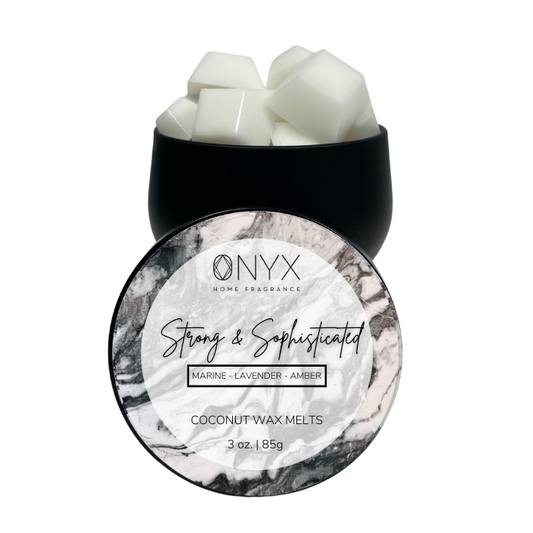 Black tin with gem shaped wax melts. Strong & Sophisticated scented.